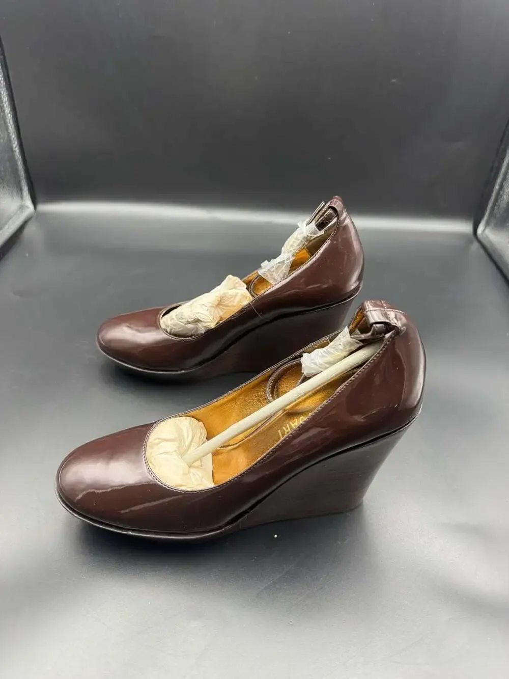 Colin Stuart Brown Patent Leather Round Toe Wedge Pumps